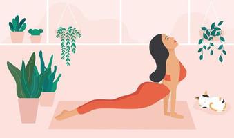 gezonde vrouw die yogaoefening thuis vectorillustratie doet. gezonde levensstijl, blijf thuis, blijf gezond concept vector