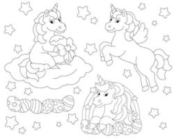 een set schattige feestelijke paaseenhoorns. kleurboekpagina voor kinderen. stripfiguur in stijl. vectorillustratie geïsoleerd op een witte achtergrond. vector