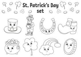 kleurboek voor kinderen. st. Patrick's dag. vrolijke karakters. vectorillustratie. leuke cartoonstijl. zwarte contour silhouet. geïsoleerd op een witte achtergrond. vector