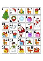 kerst adventskalender met schattige karakters. Kerstman, hert, sneeuwpop, dennenboom, sneeuwvlok, cadeau, kerstbal, sok. cartoon stijl. met nummers 1 tot 25. vectorillustratie. vakantie voorbereiding.