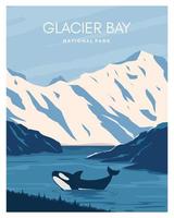 gletsjerbaai nationaal park landschap reizen naar de verenigde staten van amerika. vector achtergrondillustratie geschikt voor art print, reisposter, briefkaart, wenskaart, wenskaart, banner