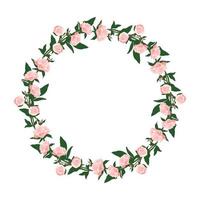 krans van pioenrozen. rond frame, roze schattige bloemen en bladeren. lente roze bloeiende compositie met toppen. vakantiedecoraties voor bruiloft, vakantie, ansichtkaart, poster en design. vector illustratie