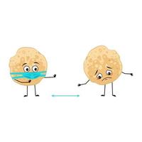 pannenkoekkarakter met droevige emoties, gezicht en masker houden afstand, armen en benen. bakker, zelfgemaakt gebak met zorguitdrukking. voedselemoticon voor carnaval of maslenitsa vector