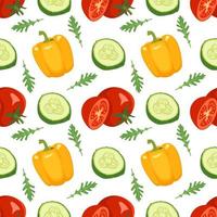 naadloos groentenpatroon met tomaat, komkommer, verlof van rucola en peper op witte achtergrond. gezonde veganistische voedselprint voor textiel, papier en ontwerpen. platte vectorillustratie vector