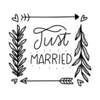 Leuke pijl, bladeren en harten met letters over bruiloft vector