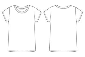 technische schets vrouwelijke t-shirt. t-shirt overzicht lege ontwerpsjabloon. T-shirt met korte mouwen. vector