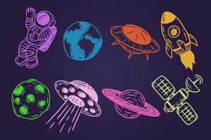 set collectie planetaire ruimte melkweg planeten cartoon astronaut handgetekende kleurrijke doodle platte kunst vector