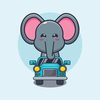 schattige olifant mascotte stripfiguur ritje op auto vector