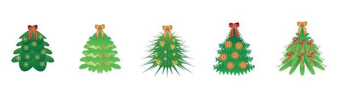 vector set cartoon kerstbomen, dennen voor wenskaart, uitnodiging, banner, web. nieuwjaar en kerst traditionele symboolboom met slingers, gloeilamp, ster. winter vakantie. iconen collectie