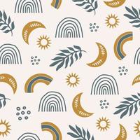 schattig naadloos patroon met kleurrijke planten, sterren, regenboog en maan op pastelachtergrond. Boheems patroon voor behang, textiel, stof, interieur. moderne vectorillustratie vector