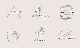 set van botanische bloemen element hand getekende logo met wilde bloemen en bladeren. logo voor spa en schoonheidssalon, boetiek, biologische winkel, bruiloft, bloemsierkunst, interieur, fotografie, cosmetica vector