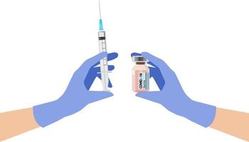 een gehandschoende hand met een spuit en een ampul. injectie. medische vaccinatie. vaccinatie schot. vector