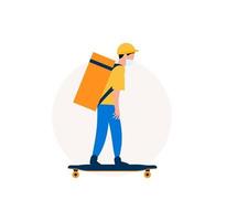 voedselbezorger op longboard. koerier met eetzak op skateboard. afbeelding voor bezorgservice. vector illustratie