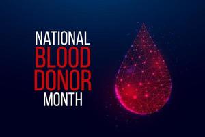 nationaal concept van de bloeddonormaand. banner met gloeiende laag poly rode bloeddruppel op donkere achtergrond. vectorillustratie. vector