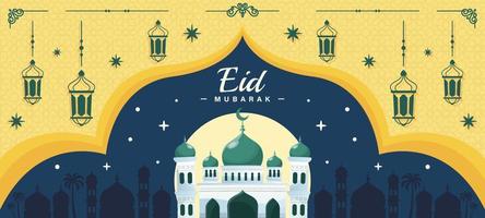 happy eid mubarak banner achtergrond met moskee en lantaarns vector