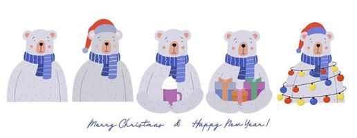 een set teddyberen met kerstcadeautjes, een slinger van kleurrijke lichtjes en een kerstmuts. vector