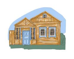 rustiek houten huis tegen de blauwe lucht. vector schets. zelfgemaakte blokhut gemaakt van houtblokken, met ramen en deur