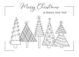 groet kerstkaart van gestileerde versierde kerstbomen. vector poster hand getekend