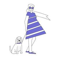 een meisje in een jurk en hoofddoek die haar hond uitliet. leuke stripfiguren. lineaire vectorillustratie. liefde voor huisdieren. vector