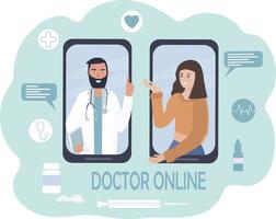 online medische consultatie en zorg. een persoon praat met een arts op een mobiele telefoon, met behulp van video-oproepen en messenger-berichten. telegeneeskunde, communicatie op afstand tussen de patiënt en de arts vector