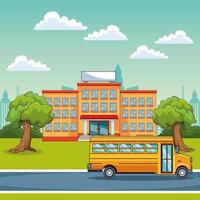 Schoolgebouw en schoolbus buitenshuis vector