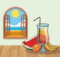 tropische cocktaildrank met fruit door raamaffiche vector