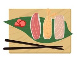 set van traditionele japanse gerechten van broodjes en sushi met zeevruchten. op een houten dienblad. vector