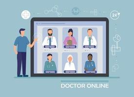 online een dokter kiezen. telegeneeskunde, medische diensten op afstand. zoek op internet naar een specialist voor medische consultatie en diagnose. portretten van verschillende gespecialiseerde artsen vector