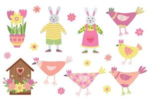 set met schattige dieren. grappige kippen, konijnen of konijntjes en madeliefjebloemen. lente hand getekende vlakke afbeelding. geweldig voor Pasen ontwerp. vector