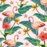 tropische flamingo&#39;s met bloemen planten en bladeren achtergrond vector