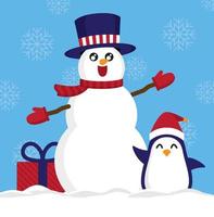 sneeuwpop en pinguïn presenteren winterpromotie. grafische vector voor reclame voor winterpromotie.