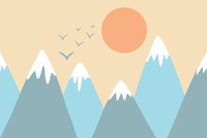 vector kinderachtig getekende berg illustratie in Scandinavische stijl. berglandschap, zon en vogels. kinder behang. berglandschap, kinderkamerontwerp, wanddecor.