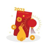 gelukkig 2023 chinees nieuwjaar concept voor kaarten of banners met schattig konijn met goud geld en lantaarn. groot rood pakket met munten. dierenriem symbool van 2023. platte hand getrokken vectorillustratie vector