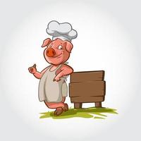 varken chef smilling mascotte stripfiguur. deze varkens vectorillustratie leunt naast een houten plank en geeft een duim omhoog. vector