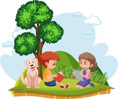 een jongen en een meisje lezen in de tuin vector