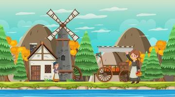 middeleeuwse stad cartoon scène met dorpelingen vector