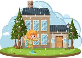 gelukkig meisje spelen regent voor huis cartoon vector