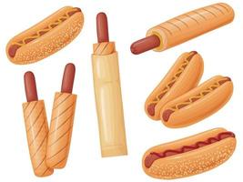 hotdog set. illustratie fastfood in cartoon-stijl. worst in een broodje met mosterd. vector