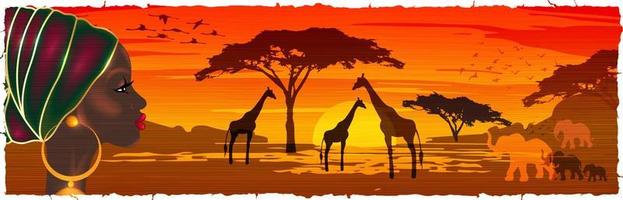 Afrikaanse vrouw in tulband kijken naar het savannelandschap bij zonsondergang, silhouetten van dieren en planten, de natuur van Afrika. reservaten en nationale parken, vectorbatikachtergrond