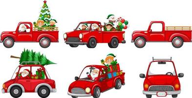 set van verschillende kerstauto's en karakters van de kerstman vector