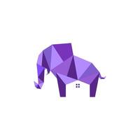 paarse olifant onroerend goed. origami olifant en huis in de negatieve ruimte tussen de poten van de olifant vector