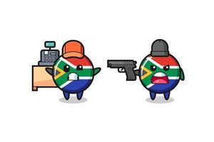 illustratie van de schattige vlag van Zuid-Afrika terwijl een kassier door een overvaller met een pistool wordt gericht vector