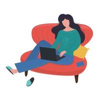 vector platte illustraties meisje met laptop werk of studie nacht in haar huis