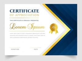 certificaatsjabloon in vector voor voltooiing van het afstuderen. certificaat van waardering sjabloon, schoon modern certificaat met gouden badge. luxe badge en modern lijnpatrooncertificaat