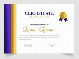 certificaatsjabloon in vector voor voltooiing van het afstuderen. certificaat van waardering sjabloon, schoon modern certificaat met gouden badge. luxe badge en modern lijnpatrooncertificaat