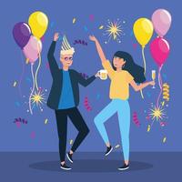 man en vrouw dansen met confetti decoratie vector