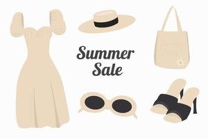 set van vectorillustraties van zomer damesmode kleding, zomer verkoop. een collectie modieuze kleding voor vrije tijd of op het strand. kleur stijlvolle schoenen, jurk, hoed, zonnebril, zwempak vector