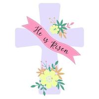 hij is opgestaan-paasviering citaat. religieus kruis met bloemen in pastelkleuren. voorraad vectorillustratie geïsoleerd op een witte achtergrond. sjablonen voor wenskaarten. vector