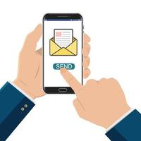 hand aanraken van slimme telefoon met e-mailsymbool op het scherm. nieuw bericht. nieuwe e-mail. telefoon en nieuw bericht. platte vectorillustratie. vector