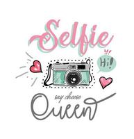 Selfie queenslogan met kleurrijke camera en pictogrammenillustratie vector